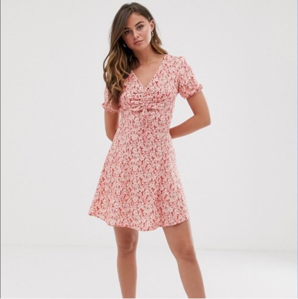 ASOS Pink Red Coral Floral Short Sleeve Flirty Romantic Flattering Mini Dress XL